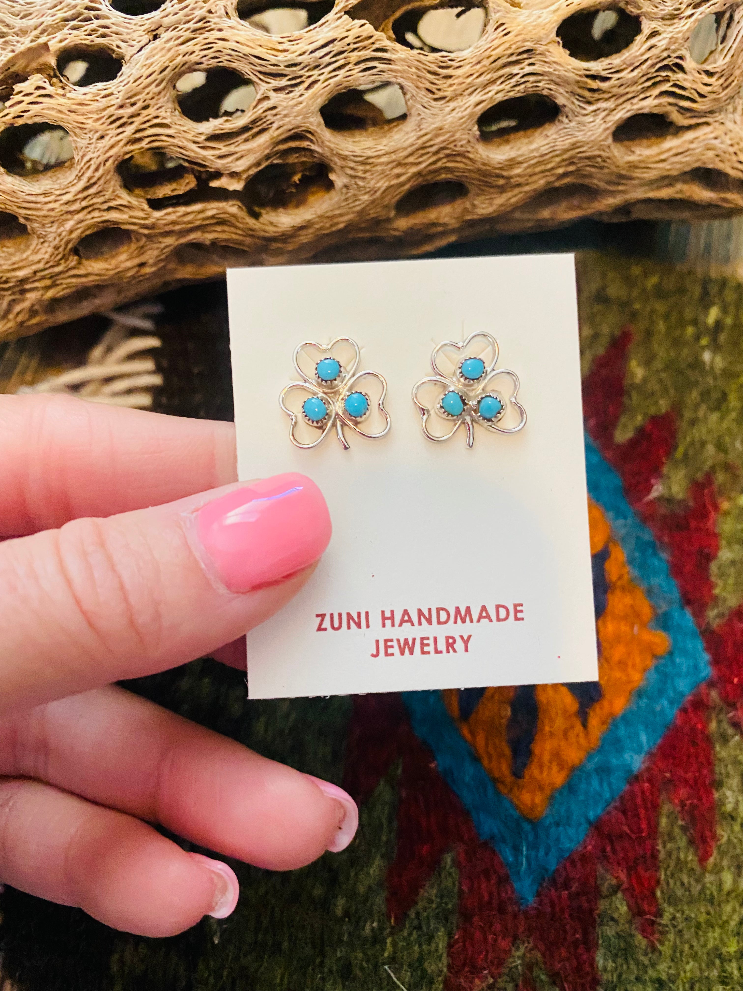 Zuni Sterling Silver & Turquoise Clover Stud Earrings