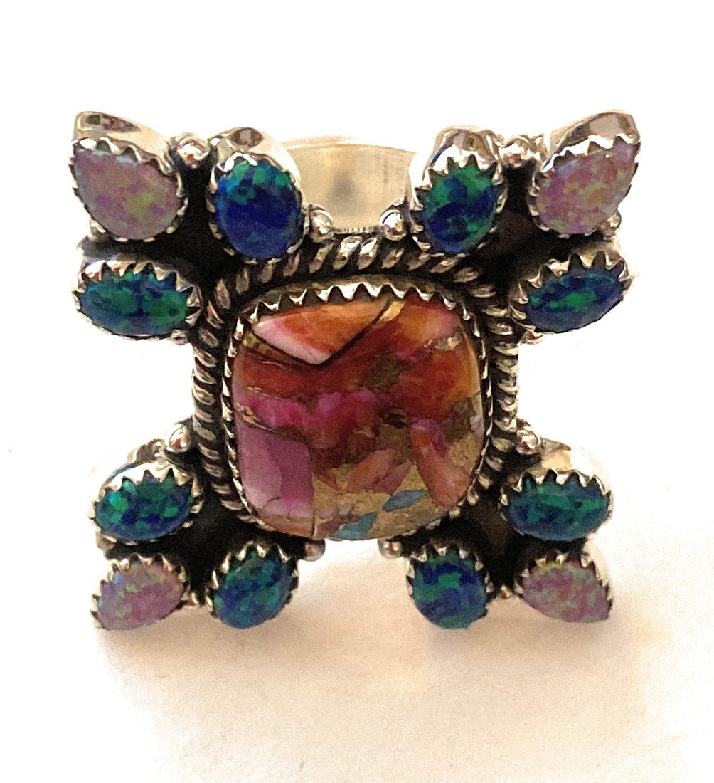 Handmade Sterling Silver, Pink Dream & Opal Cluster Adjustable Ring