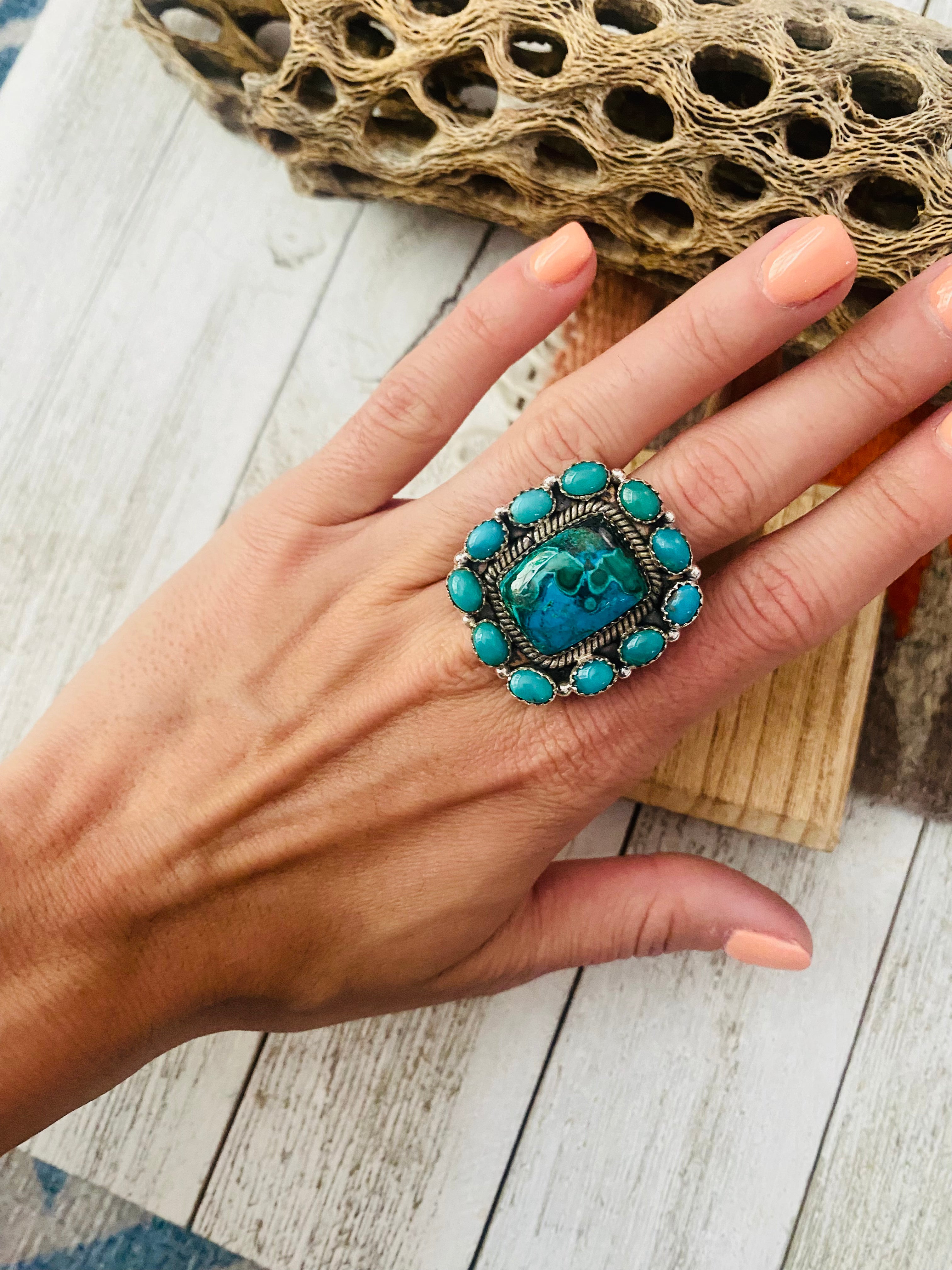 Handmade Sterling Silver, Azurite Malachite & Turquoise Cluster Adjustable Ring