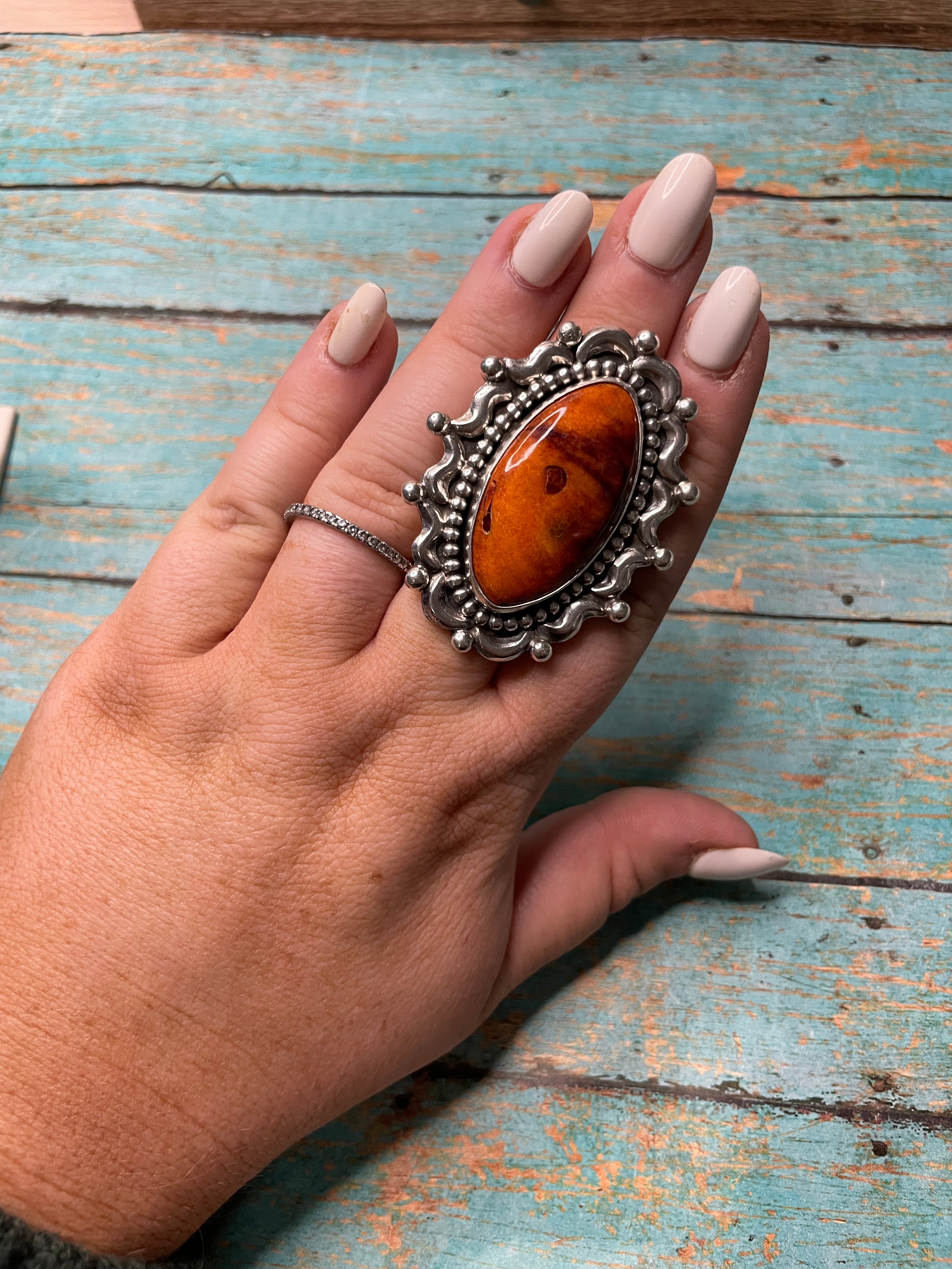 Navajo Orange Spiny Sterling Silver Adjustable Ring Signed