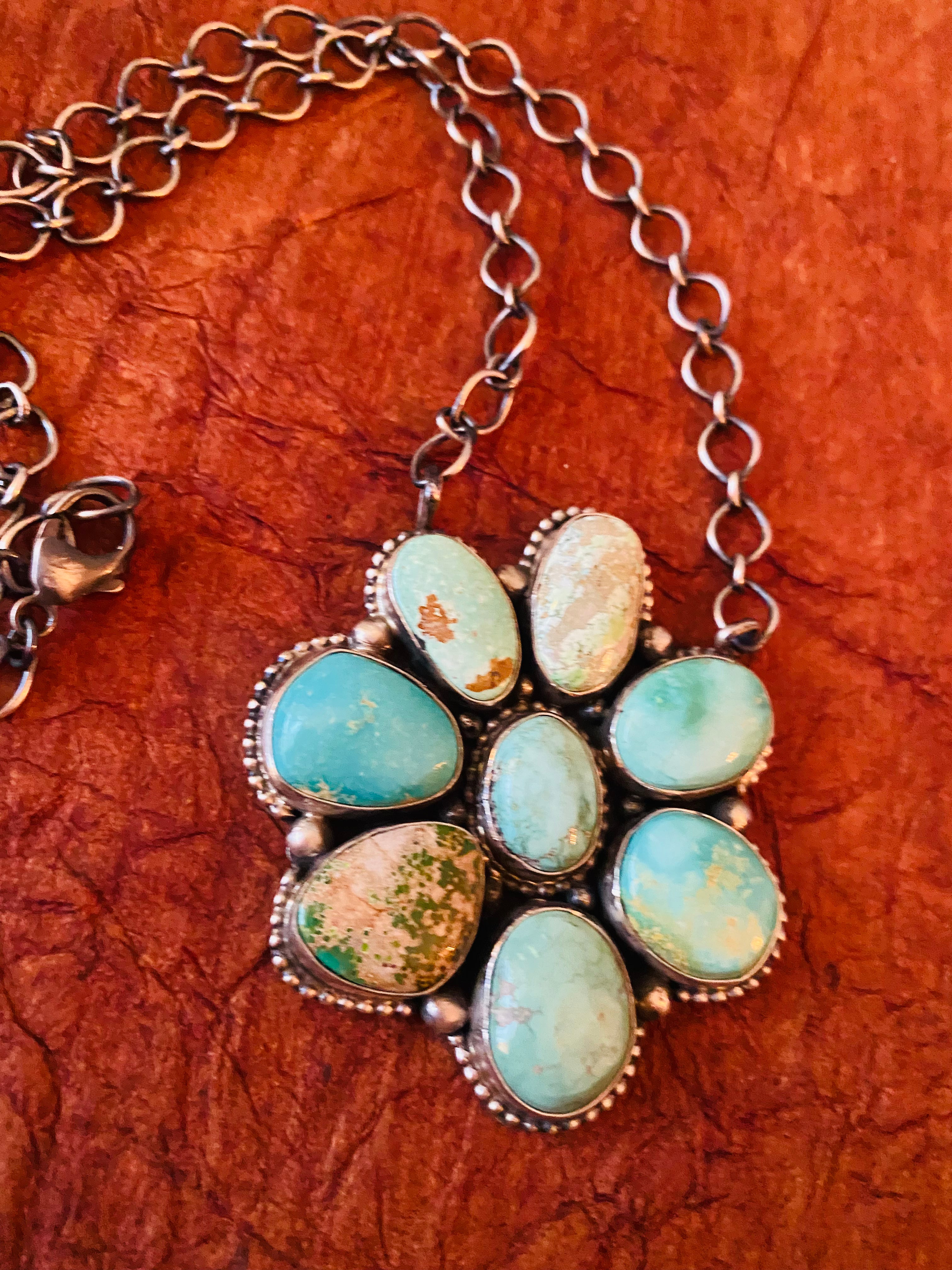 Navajo Sterling Silver & Carico Lake Turquoise Cluster Necklace