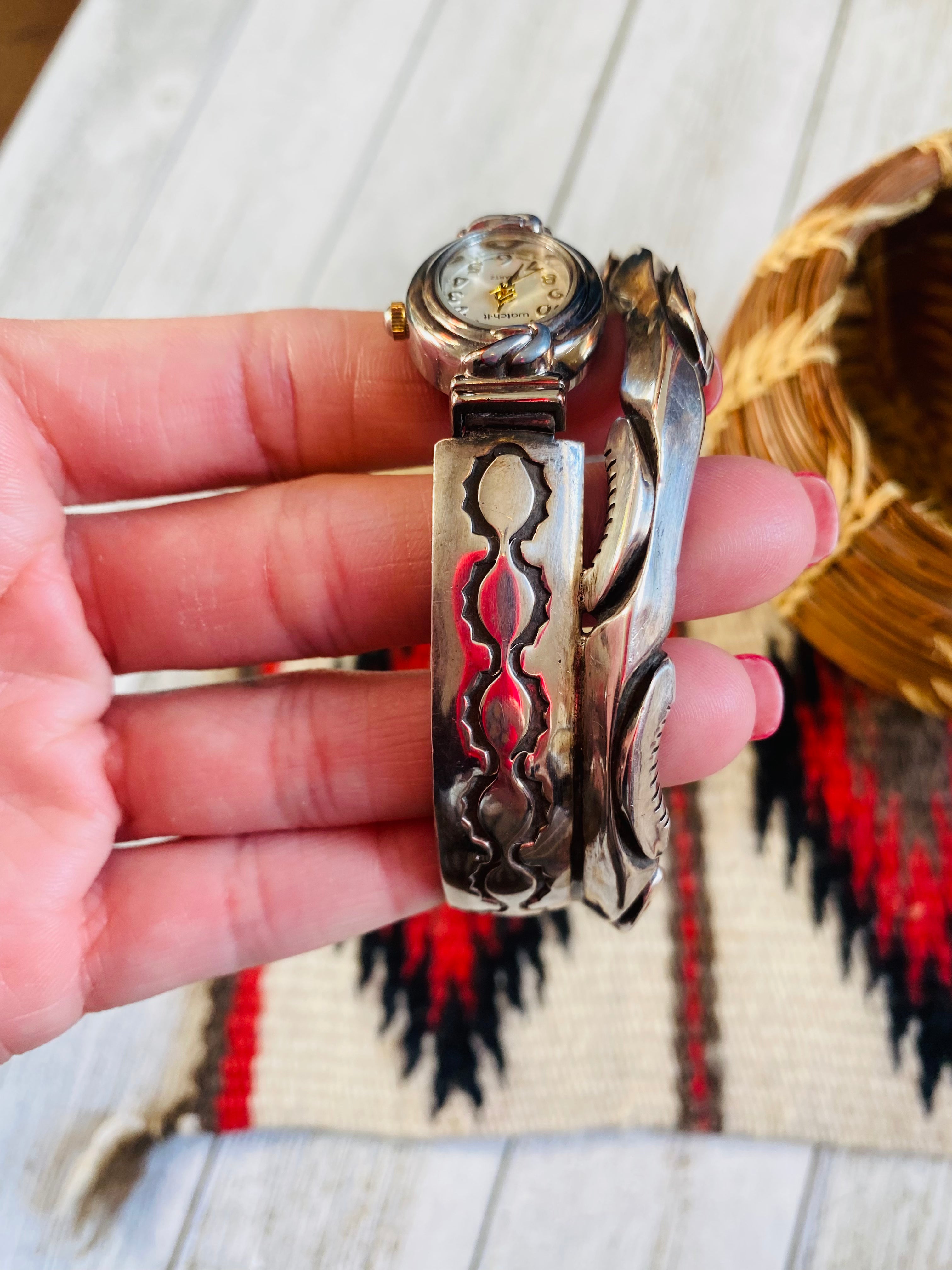 Old Pawn Vintage Navajo Hand Stamped Sterling Silver Watch Cuff