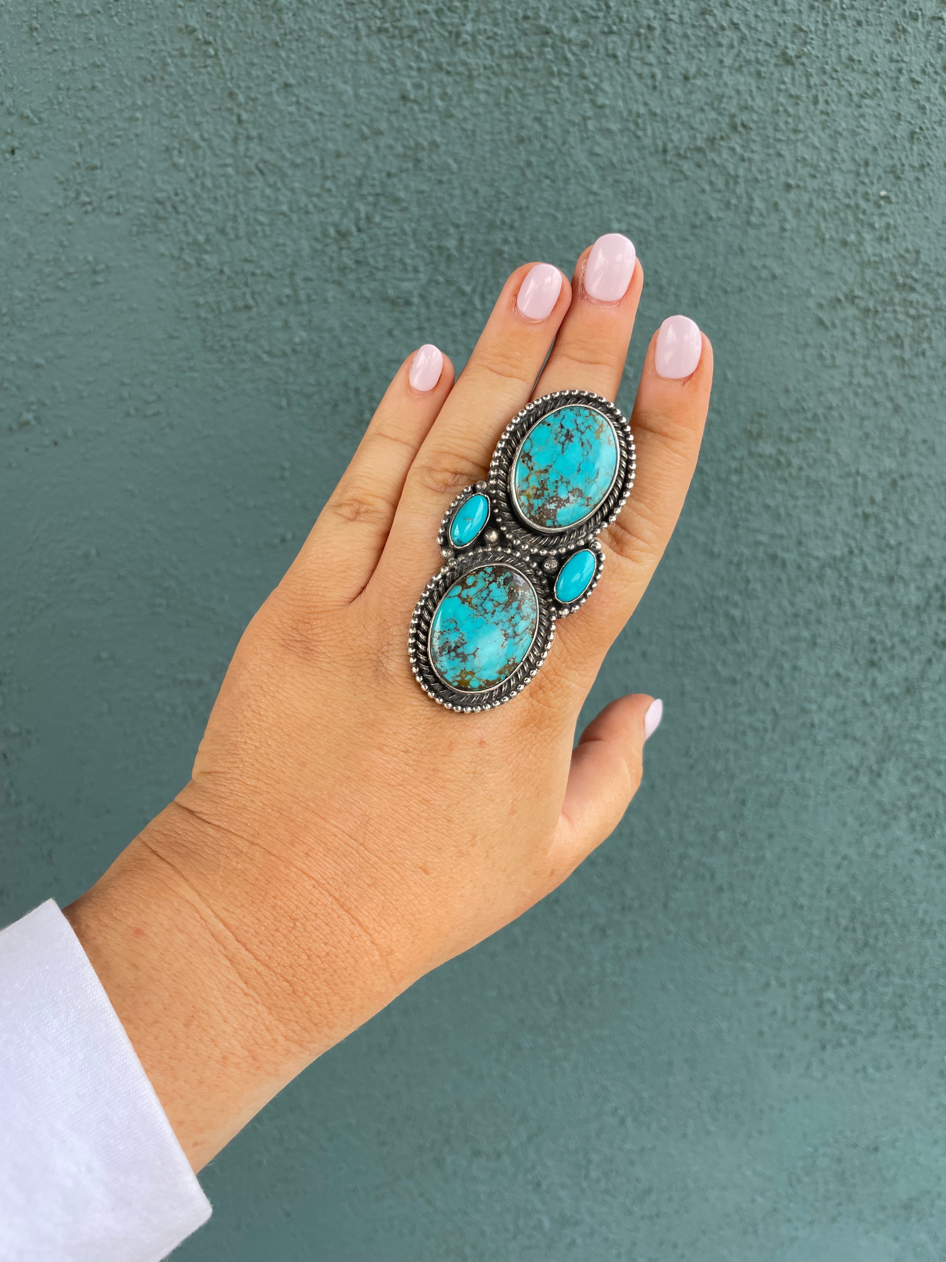 Navajo Sterling Silver And Turquoise Statement Adjustable Ring Signed