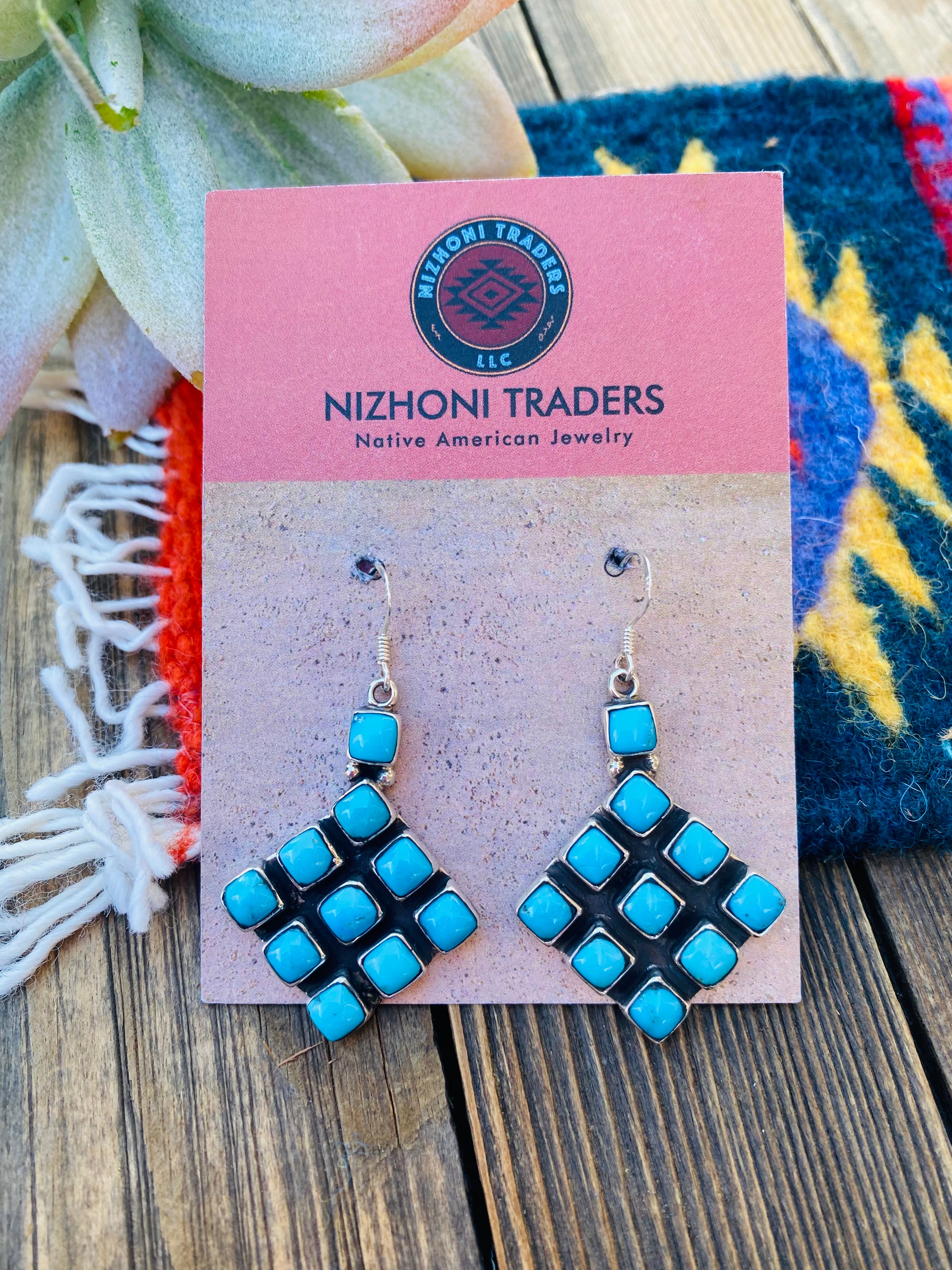 Navajo Sleeping Beauty Turquoise & Sterling Silver Cluster Dangle Earrings