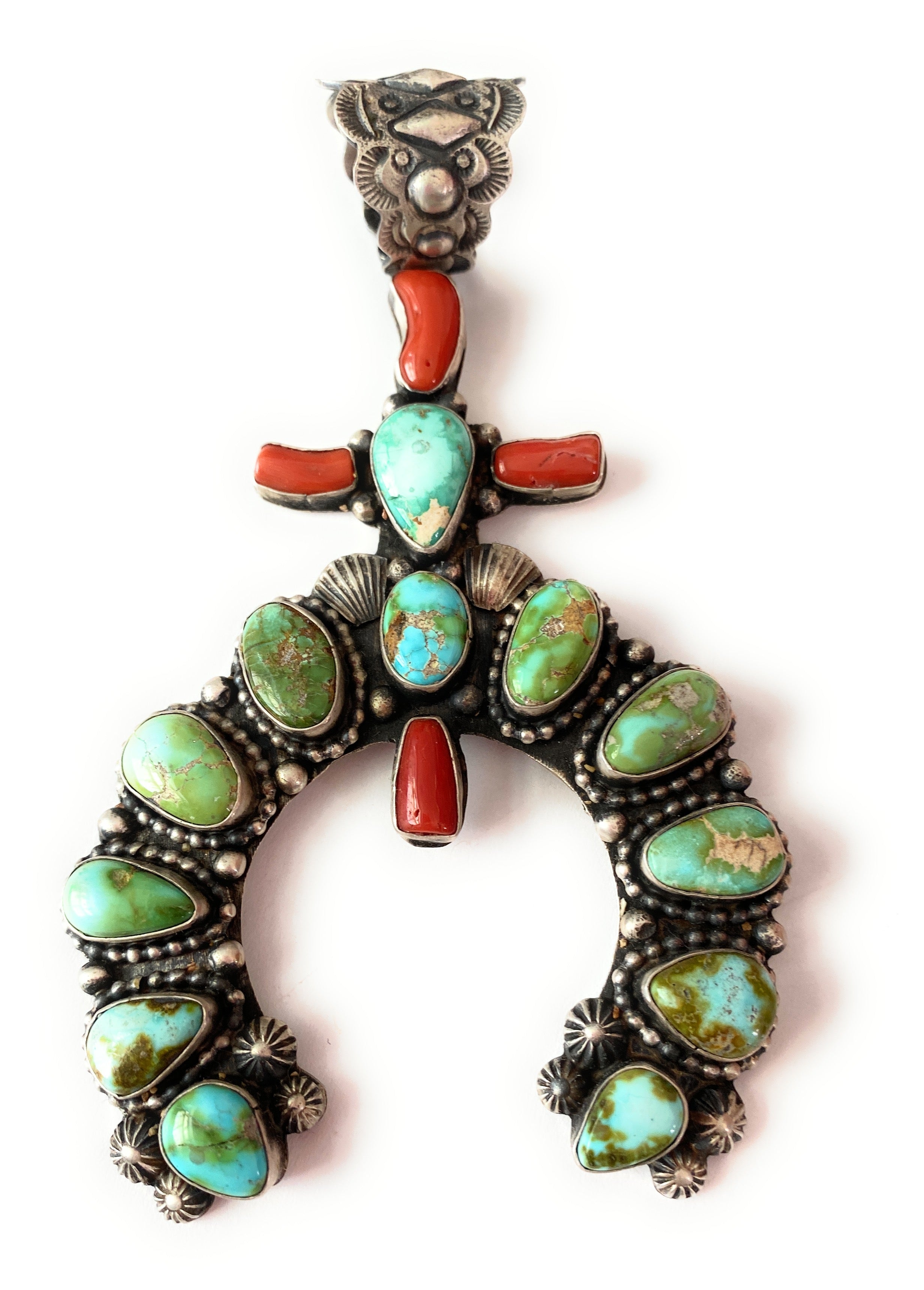 Sterling Silver, Sonoran Gold Turquoise and Red Coral Squash