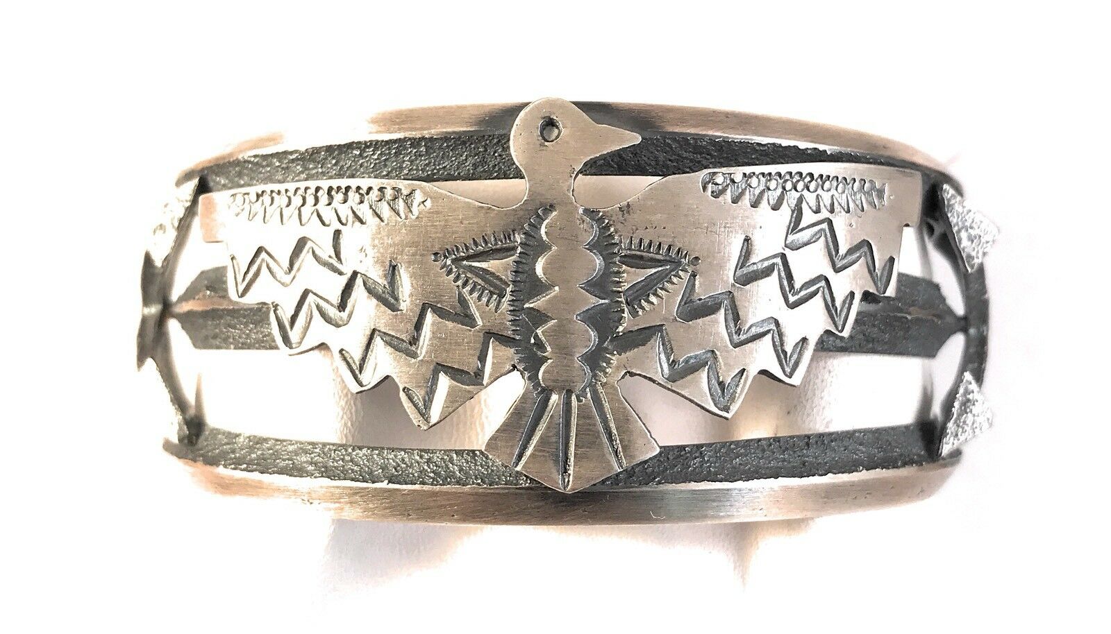 Kevin Yazzie Hand Stamped Sterling Silver Thunderbird Cuff Bracelet, Signed